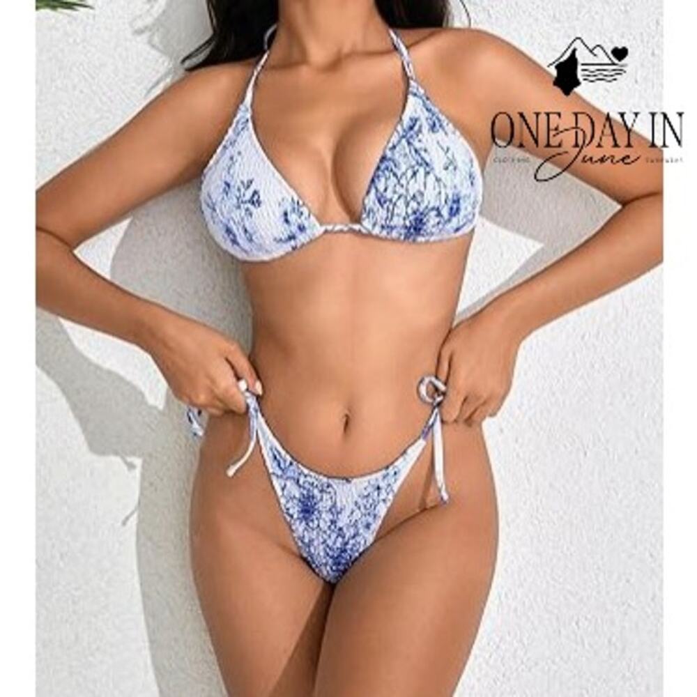 Volafa Smocked Triangle Tie Side Cheeky Bikini Swimsuit Blue Floral Size S